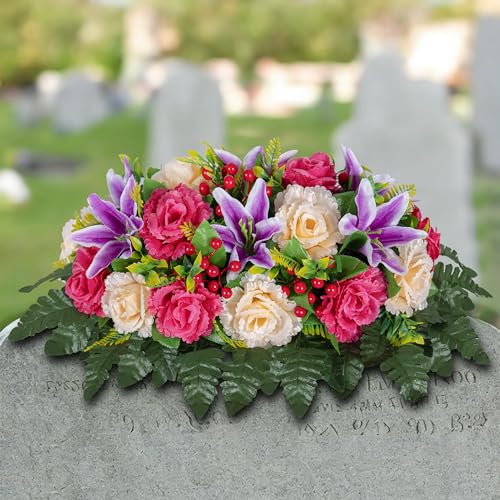 LVXINLI Cemetery Headstone Flower Saddle -Outdoor Grave Decorations ，Mixed of Artificial Silk Rose and Lily for Tombstones (red, Saddle)