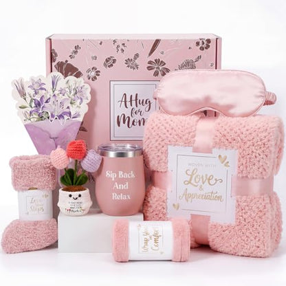 Self Care Gift Basket for Women Pink 7 Piece Set | Soft flannel blanket, silk sleep mask, socks, shower cap, tumbler & gift card. Perfect get well soon, birthday, or mom gifts - color: Pink