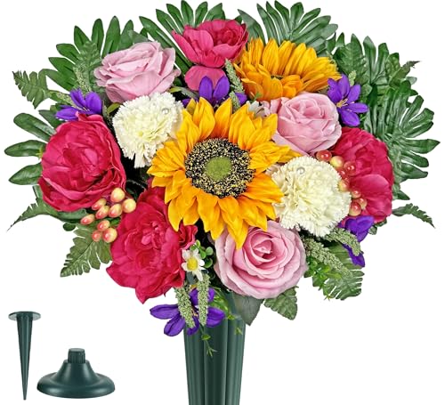 Artificial Cemetery Flowers for Grave Vase - Gravesite Flowers,Headstone Decorations with Sunflower Rose Hibiscus Daisy Mix Bouquet