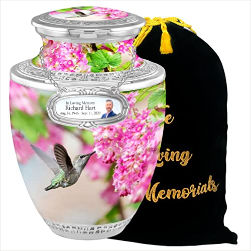 Personalized Medallion Aesthetic Hummingbird Cremation Urns for Adult Ashes Male Female - 200lbs Burial Urns for Human Ashes - Handcrafted Funeral Decorative Urns for Ashes Adult Male with Velvet Bag - color: Aesthetic Hummingbird Free Personalized Medall