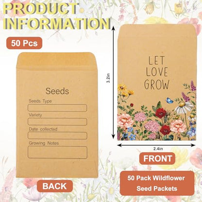 FYSUIMU 50Pcs Wildflower Seed Packets Let Love Grow Self-Adhesive Kraft Envelopes Rustic Floral Seed Storage Pockets for Garden Office Party Favors Supplies, 3.15 x 2.4 Inch
