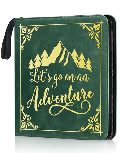 Adventure Leather Photo Album 4x6 200 Photos, DIY Scrapbook with 50 Sheets and 20 Blank Kraft Sheets, Travel Souvenir Diary Photo Book for Family Wedding Baby and Holiday Pictures - color: Green-text