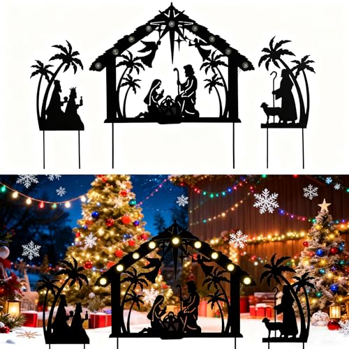 3 Pack Solar Nativity Scene Garden Stake 16.7in Metal Christmas Light - color: Black Jesus