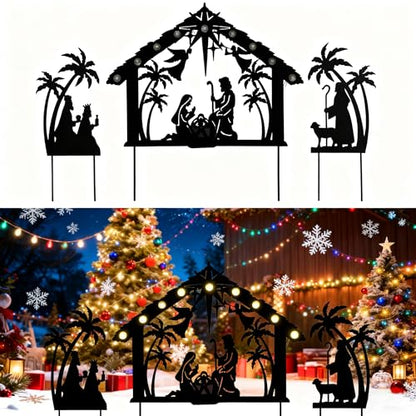 3 Pack Solar Nativity Scene Garden Stake 16.7in Metal Christmas Light - color: Black Jesus
