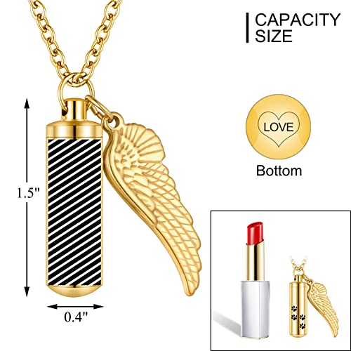 abooxiu Cylinder Cremation Necklace for Pet Ashes Urn Necklace with Angel Wing Pet Paw Ashes Necklace for Dog/Cat Memorial Keepsake Jewelry - color: Gold