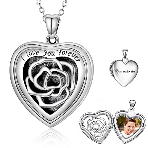 SOULMEET Personalized Silver Locket Necklace That Holds Pictures Photo Keep Someone Near to You, Memorial Custom Lockets Necklaces Letters Engraving for His Her - color: B-Rose-Black, style: Locket+Custom Photo+Engraved