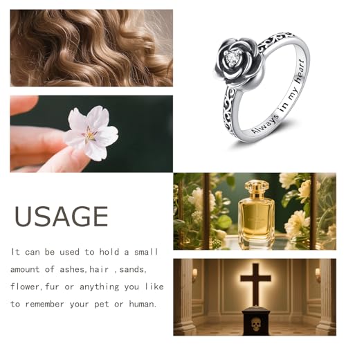 Urn Ring for Ashes Sterling Silver Urn Ring Keepsake Memorial Jewelry Gifts for Women - color: black rose