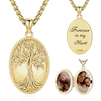 Picture Locket Necklace for Women Men Rose 14K Real Gold 925 Sterling Silver Jewelry Heart Locket Necklace that Holds Pictures Tree of Life Viking Wolf Celtic Knot St Christopher St Michael Pendant - color: I2-6-Tree of Life Locket-K Gold