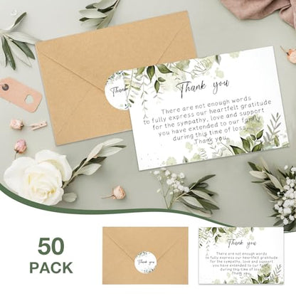 50 Set Funeral Thank You Cards with Envelopes and Matching Seal Stickers,Thank You Sympathy Cards with Message,Bereavement Sympathy for Funeral Family Friends Loved Ones - style: Leaves