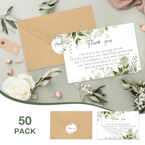 50 Set Funeral Thank You Cards with Envelopes and Matching Seal Stickers,Thank You Sympathy Cards with Message,Bereavement Sympathy for Funeral Family Friends Loved Ones - style: Leaves