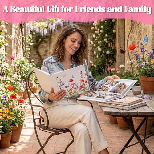 Dunzoom Wildflower Photo Album Mother's Day Souvenirs Gifts 200 Pcs 4 x 6 Inch Leather Floral Botanical Design Memory Book for Women Couples Wedding Anniversary Hardcover Scrapbook Album - style: Wildflowers