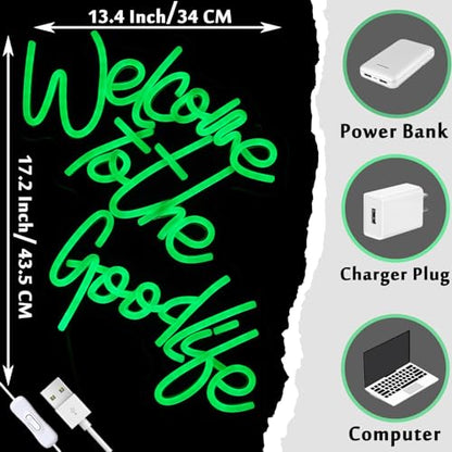 Welcome To The Good Life Neon Signs for Wall Decor LED Neon Light Signs USB Letter Light Up Sign for Bedroom Kids Room Birthday Christmas Party Wedding Bar Decoration Gifts(13.4x17.2 inch) - style: English