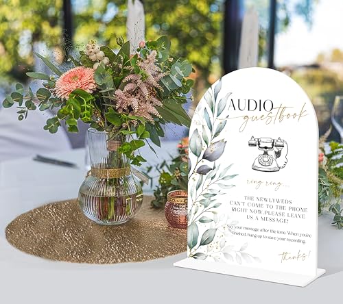 Acrylic Wedding Signs, Greenery Theme Audio Guestbook Sign, Wedding Reception Signage, Bridal Shower Table Decor with Stand, Engagement, Anniversary, Newlywed Events and Parties Supplies, 16 - color: Audio Guestbook Sign, 16