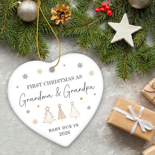ZAGKOO First Christmas as Grandma and Grandpa Ornament 2025 - Baby Due in 2026 Ornament - New Grandparents Promoted to Grandparents Pregnancy Announcement Ceramic Heart Ornaments - color: Grandparents 2