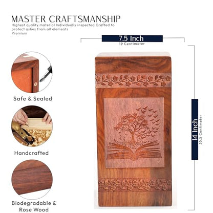 Tree Emerging from Book Wooden Cremains Ashes Box - Large Urn for Ashes Adult Male - Dad Urn for Ashes - Memorial - Respectful Tribute - Memorial Gifts - Funeral Urns - 14 Inches, Natural