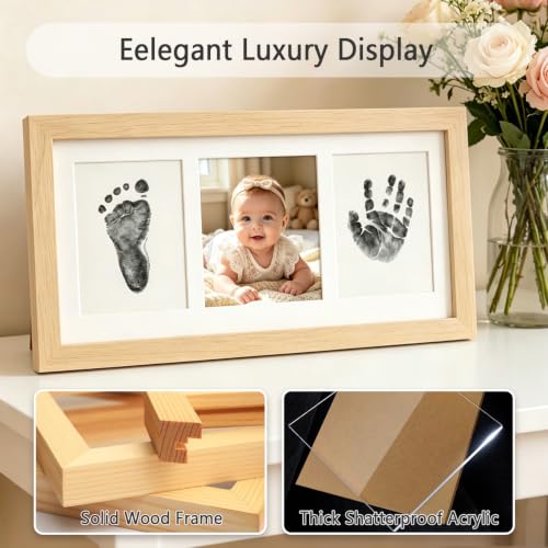 Baby Hand and Footprint Kit,Inkless Baby Handprint Kit with 2 Safe Clean-Touch Ink Pads and a Wooden Baby Picture Frames for Newborn,Baby Gifts-Ash Wood - color: Oak