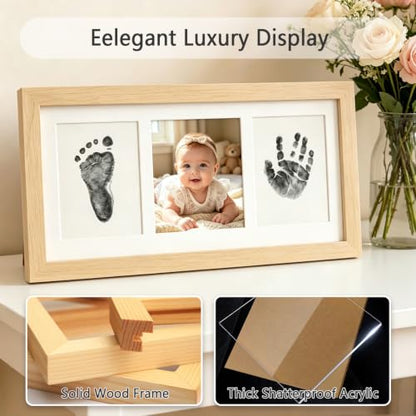Baby Hand and Footprint Kit,Inkless Baby Handprint Kit with 2 Safe Clean-Touch Ink Pads and a Wooden Baby Picture Frames for Newborn,Baby Gifts-Ash Wood - color: Oak