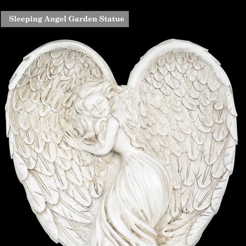 Angel Garden Statue for Outdoor Sleeping Angel with Wings Fairy Memorial Guardian Love Angels with Stake for Outside Yard Art Grave Cemetery Patio Balcony Lawn, White