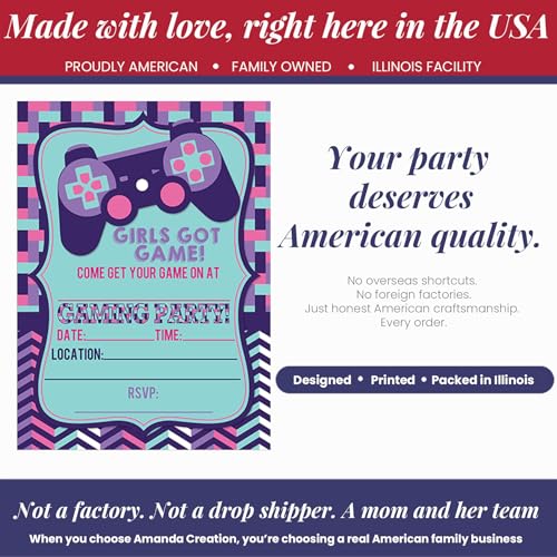 Girls Got Game Video Gaming Birthday Party Invitations for Girls, 20 5x7 Fill In Cards with Twenty White Envelopes by AmandaCreation - color: Girls Got Game Video
