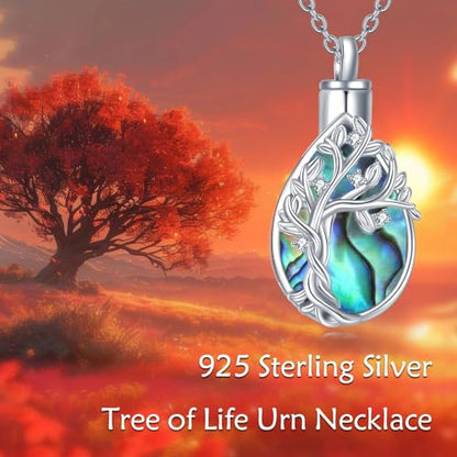 Diamond Tree of Life Urn Necklace for Ashes 925 Sterling Silver Family Tree of Life Cremation with Funnel Filler Ash Holder Keepsake Memorial Jewelry Gifts for Women,18+2 inch - style: Style 1-Abalone Shell