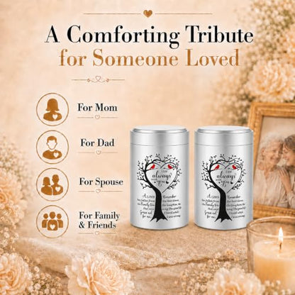 Set of 2 Small Urns for Human Ashes Keepsake, 3.62 Inch Mini Cremation Urns for Human Ashes, Memorial Funeral Sharing Keepsake Urns Set with Two Cardinal Birds, Silver