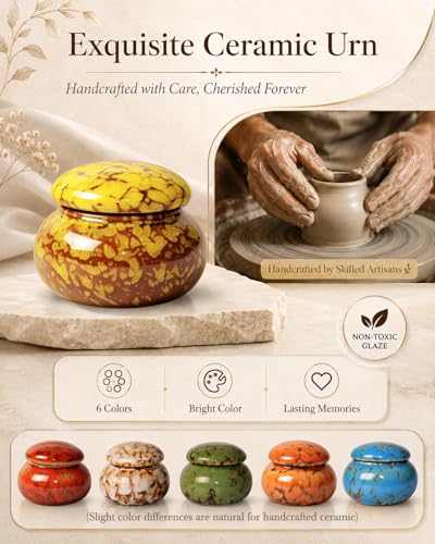 CHONOVO Small Ceramic Keepsake Urn, 1.6'' with Velvet Bag and Box - color: Yellow