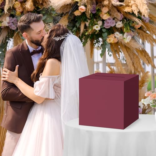 Hooqict Burgundy Card Box with Slot 9.1" Money Gift Card Box for Graduation, Wedding, Reception, Party, Birthday, Retirement, Raffle Box Envelope Ticket Holder - color: Burgundy