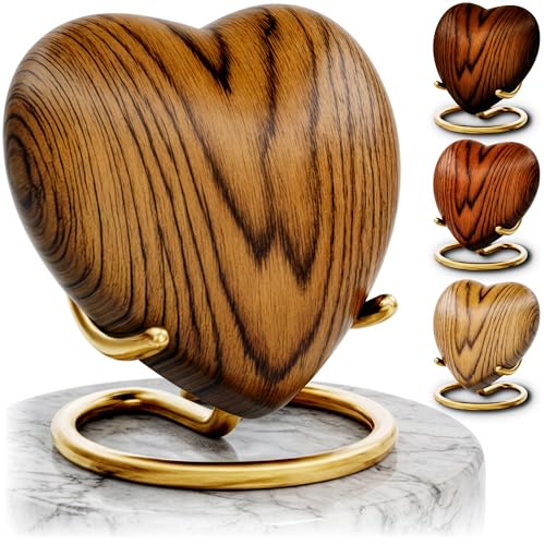 Small Urns for Ashes Keepsake Heart - Mini Wood Grain Cremation Urn for Male or Female Human or Pet Ashes - Holds a Small Portion of Remains - Includes Funnel Velvet Bag and Stand (Teak) - color: Teak
