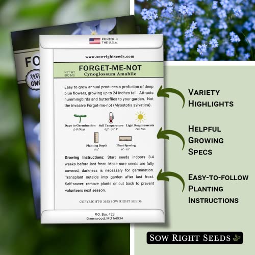 Sow Right Seeds - Chinese Forget-Me-Not Seed for Planting Flowers 2pk | Plant annual non-GMO heirloom for outdoor home garden. Blue celebration of life memorial flower for pollinator gardening.