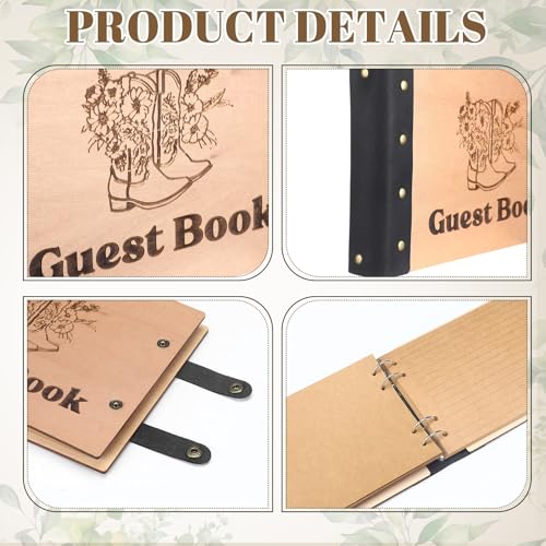 Engrowtic Western Cowboy Wedding Guest Book with Pen Wooden Guestbook Wedding Reception with Leather 7 x 10 Inches Wood Grain Guest Book Signing for Birthday Bridal Shower Baby Shower Decor - style: Western