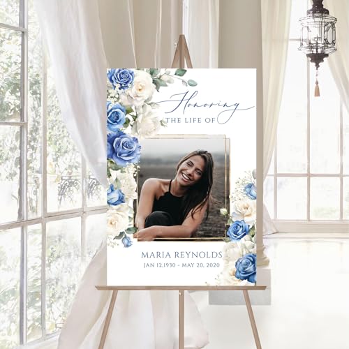 Custom White Blue Rose Celebration of Life Welcome Sign w/Photo for Funeral - color: Sign 15