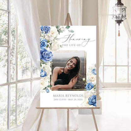 Custom White Blue Rose Celebration of Life Welcome Sign w/Photo for Funeral - color: Sign 15