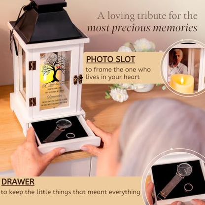Memorial Lantern with Photo Frame & Keepsake Drawer | Sympathy Gifts for Loss of Loved One, Mom, Dad, Husband, Father | Bereavement Memorial Gifts | LED Candle with Timer | Grief Gifts by STILLWIND - color: Family Tree / Black