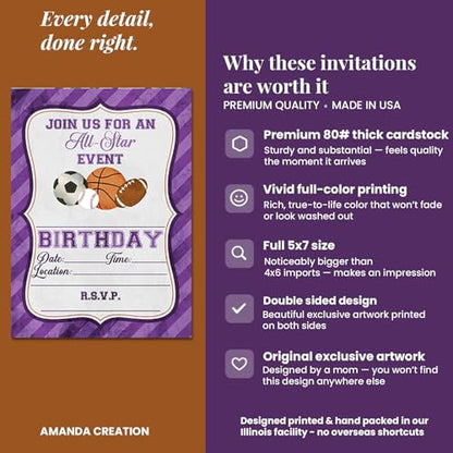 Purple All Star Sports-Themed Birthday Party Invitations for Girls, 20 5x7 Fill In Cards with Twenty White Envelopes by AmandaCreation - style: Purple All Star