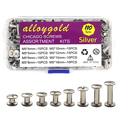 110 Sets 8 Sizes Chicago Screws Assorted Kit Round Head Stud Leather Screws Chicago Rivets for DIY Leather Decoration Bookbinding (M5*4,5,6,8,10,12,15,18)（Silver） - color: Silver, size: M5*4.5.6.8.10.12.15.18mm