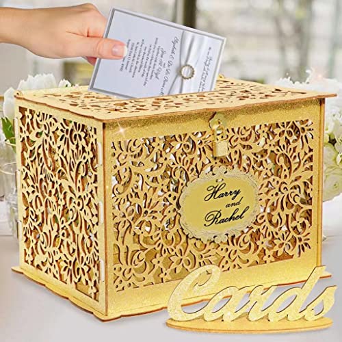 OurWarm Gold Wedding Card Box - Glittery Wooden Card Boxes with Lock, Gift Card Box Money Holder for Reception, Anniversary, Shower, Rustic Wedding Decorations, Birthday, Graduation - color: Gold