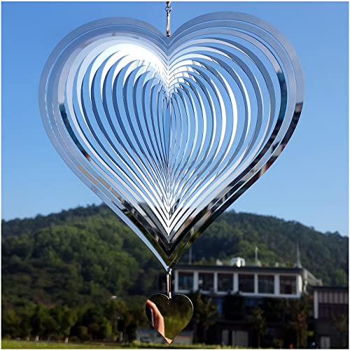 DJUAN Stainless Steel Reflective Wind Spinners Outdoor Garden Decor,Sparkly Wind Spinner Bird Devices Deterrent to Scare Birds Away from Yard Patio Farm,Metal Heart Wind Spinners Gifts for Mom, Women - color: 8in Silver Heart