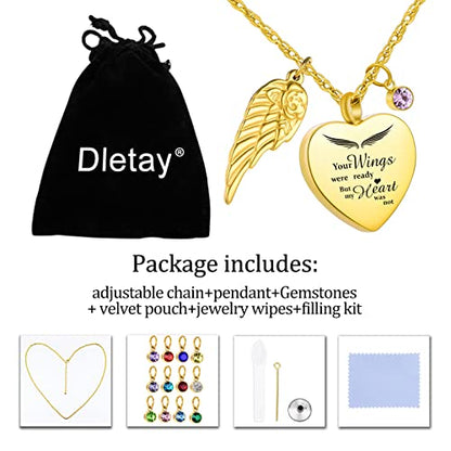 Dletay Heart Urn Necklace for Ashes with 12 Birthstones Cremation Jewelry for Ashes -Your Wings Were Ready My Heart Was Not - color: Your wings-Gold