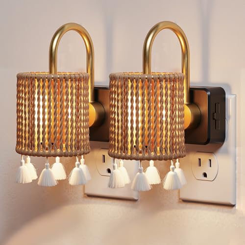 L LOHAS LED Night Lights Plug into Wall, Boho Fabric Cylinder Night Light - color: Gold Ring-3000K, size: 2 Pack