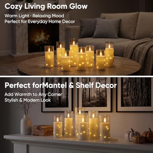 Homemory Flameless Candles with Remote Timer, Clear Acrylic Flickering LED Pillar Candles with Embedded Fairy String Lights, Battery Operated Candles for Wedding Fireplace Lantern Home Decor, Set of 9 | Battery operated flickering LED pillar candles, dual