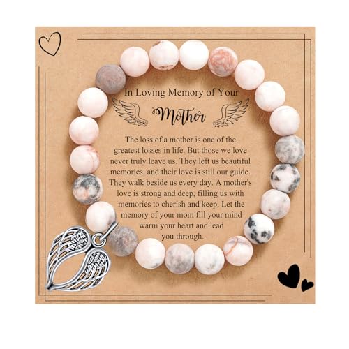 Sympathy Gifts for Loss of Loved one Memorial Healing Remembrance Condolence Grief Present for Women Pink Beads Bracelet With Angel Wings - style: Pink-Wings-In Loving Memory of Your Mother