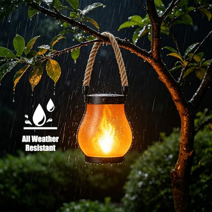 Solar Lanterns Outdoor Waterproof,2 Pack Flickering Flame Hanging Lanterns | 2 Modes Dual Charging Solar & USB for Garden Yard Patio Porch Tree Decor