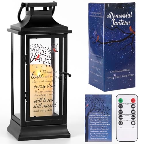 HAVITI Memorial Lantern Sympathy Gifts for Loss of Loved One, Mom Dad, Black Memeorial Lanterns Bereavement Remembrance Gifts for Loss with LED Candle and Remote - color: Black