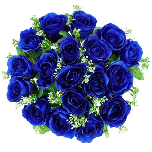 18 Blue Flowers for Cemetery-Memorial Artificial Rose for Grave Decorations | Artificial Silk Grave Flowers for Cemetery with Sympathy Card-Memorial Cemetery Flowers for Grave Vase Headstones Decorations - color: Blue