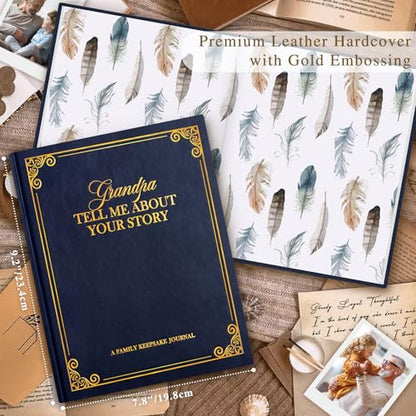 Lanpn Grandpa Life Story Book Journal with 270+ Prompts, Leather Hardcover Grandfather Guided Journal to Fill Out Memory Keepsake Book, Father's Day Birthday Christmas Gift for Grandpas, Blue - color: Blue