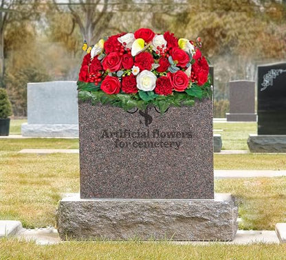 Artificial Cemetery Flowers - Headstone Flower Saddle - Outdoor Grave Decorations - Realistic Red Rose Carnation Mix Bouqet with 2 Lovely Butterflies