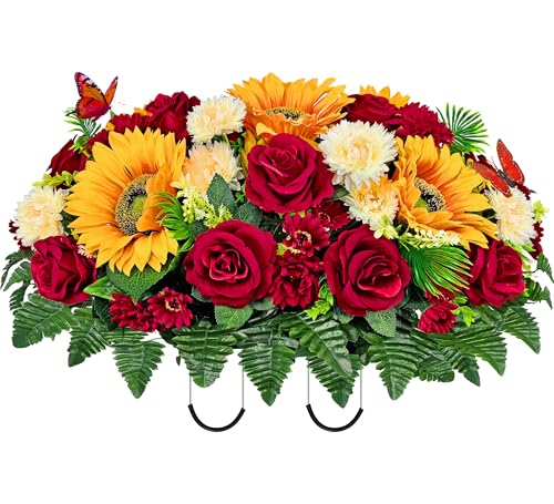 Artificial Headstone Flower Saddle,Cemetery Flowers,Memorial Flowers,Beautiful Arrangements-Silk Daisy Rose Sunflower Chrysanthemum