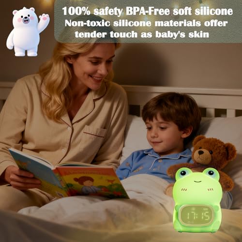 Frog Night Light with Alarm Clock，Frog Gifts with Rechargeable Silicone Lamp Cute Animal Tabletop Lamp, OK to Wake Clock with 9 RGB Color Light, 6 Soothing Sounds, Dual Alarm, for Boys & Girls - style: Frog