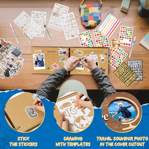 CY2SIDE Travel Photo Album Scrapbook - 111PCS Let The Adventure Begin Wooden Travel Scrapbook Craft Kit, Traveling Diary Photo Book DIY Handmade Souvenir Gifts for Adventure Lovers, Heartfelt Present - style: Travel