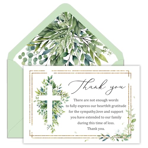 FYSUIMU 24 Pcs Funeral Thank You Cards with Envelopes & Stickers 4×6 Inch Watercolor Eucalyptus Leaves Sympathy Bereavement Card for Memorial Service Family Friends Loved Ones Celebration of Life